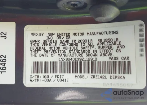 2009 Toyota Corolla S from USA, damaged, VIN 1NXBU40E39Z112910